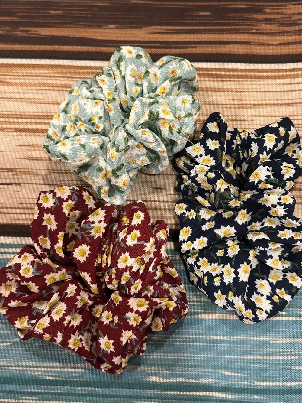 Floral Daisy Scrunchie Bundle hair ties - Mint, Navy, Burgundy
